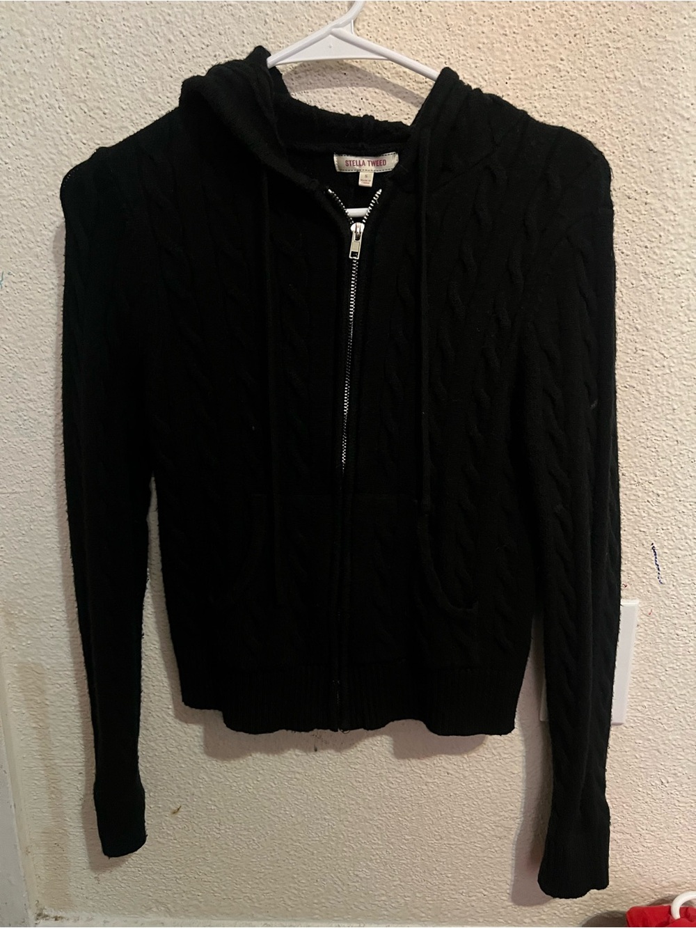 Stella Tweed Black Cable-Knit Zip Hoodie